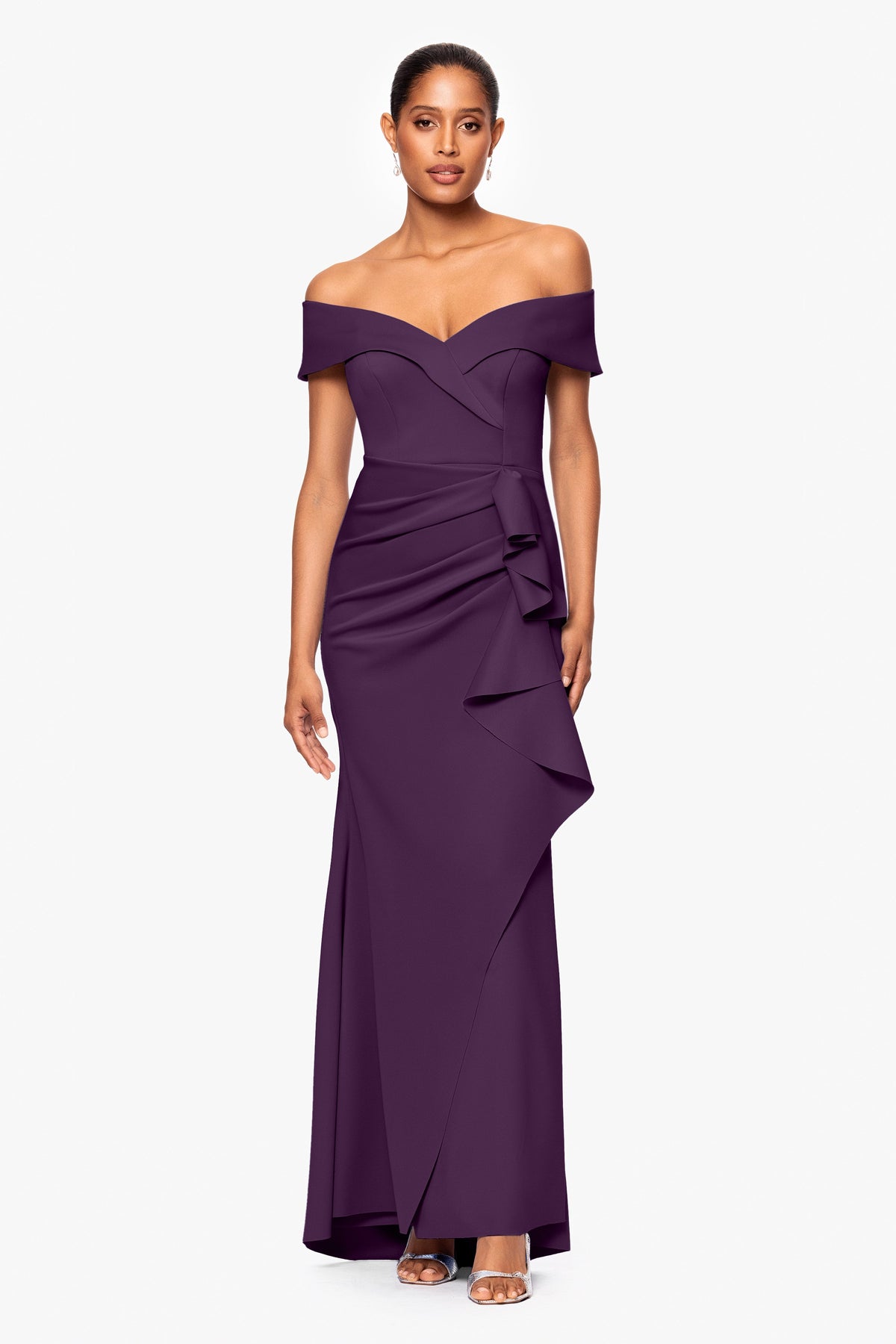 XSCAPE Petite "Patti" Techno Scuba Off The Shoulder Dress