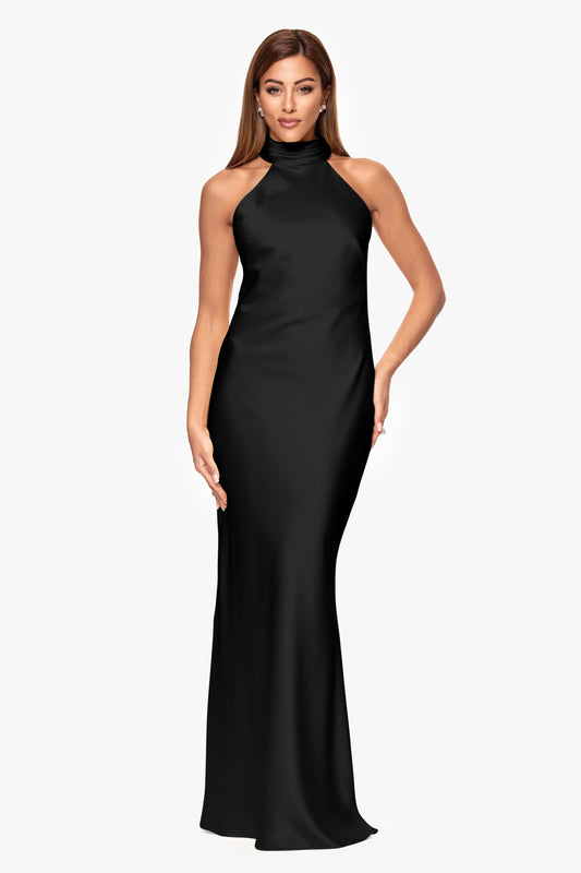 XSCAPE "Ruth" Satin High Tie Neck Backless Dress