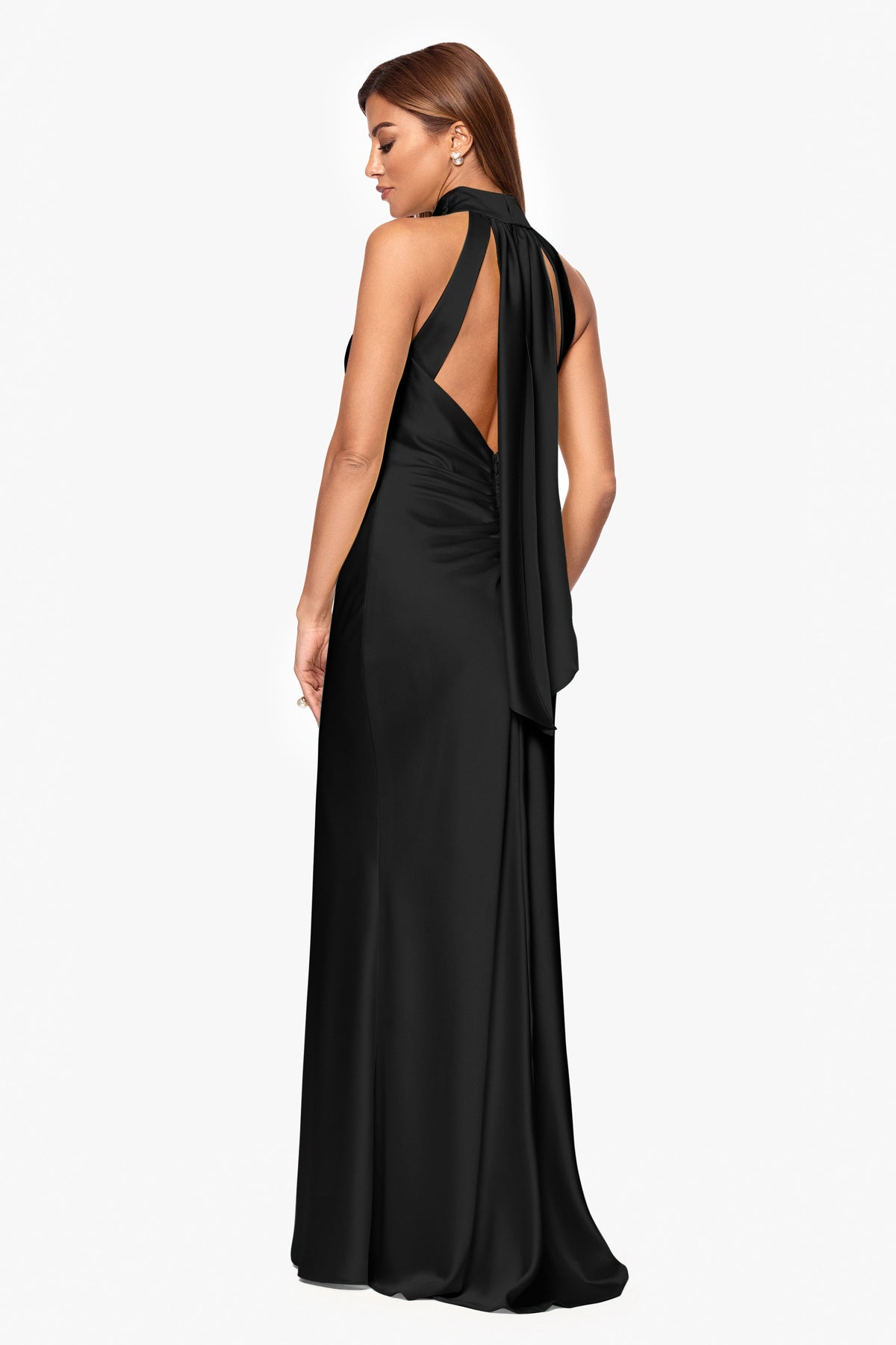 XSCAPE "Ruth" Satin High Tie Neck Backless Dress