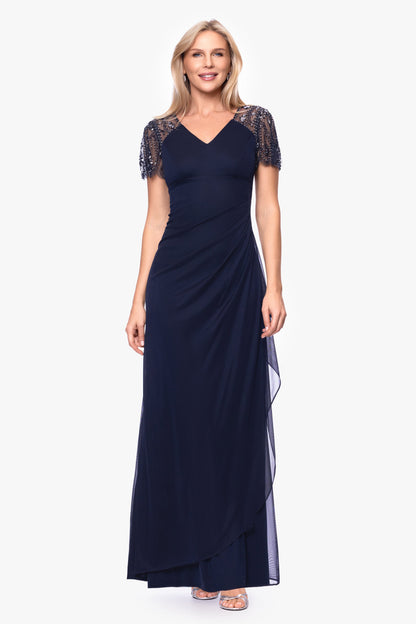 XSCAPE Petite "Lana" Sheer Matte Jersey Beaded Flutter Sleeve Dress