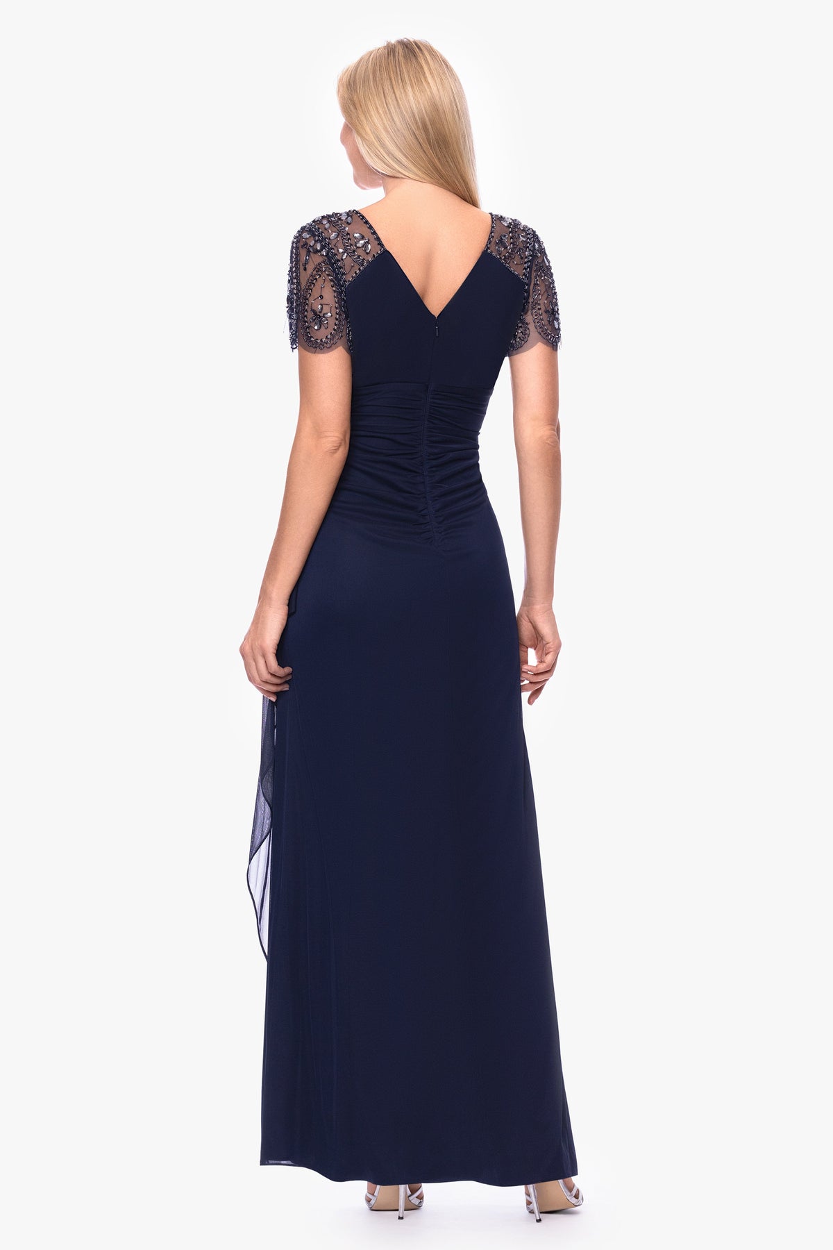 XSCAPE Petite "Lana" Sheer Matte Jersey Beaded Flutter Sleeve Dress
