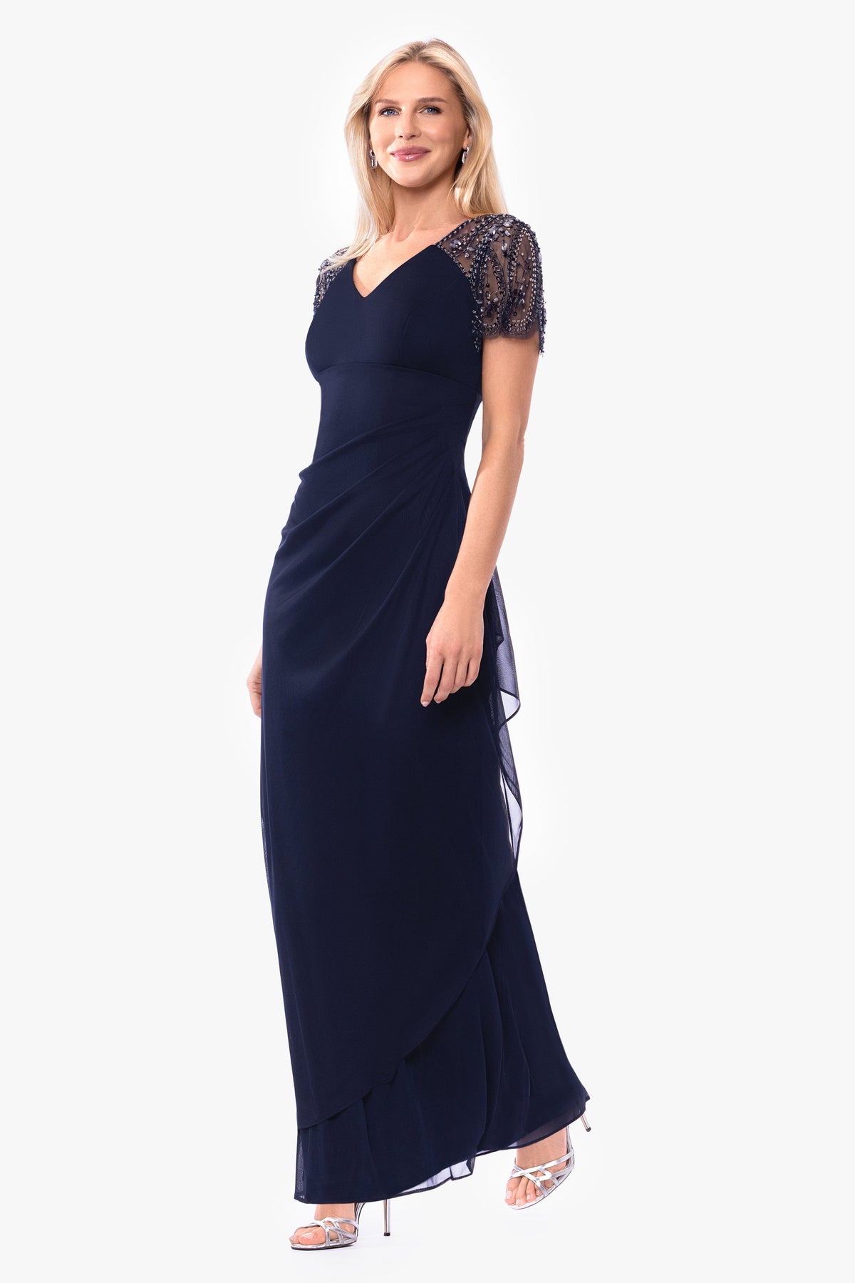 XSCAPE Petite "Lana" Sheer Matte Jersey Beaded Flutter Sleeve Dress