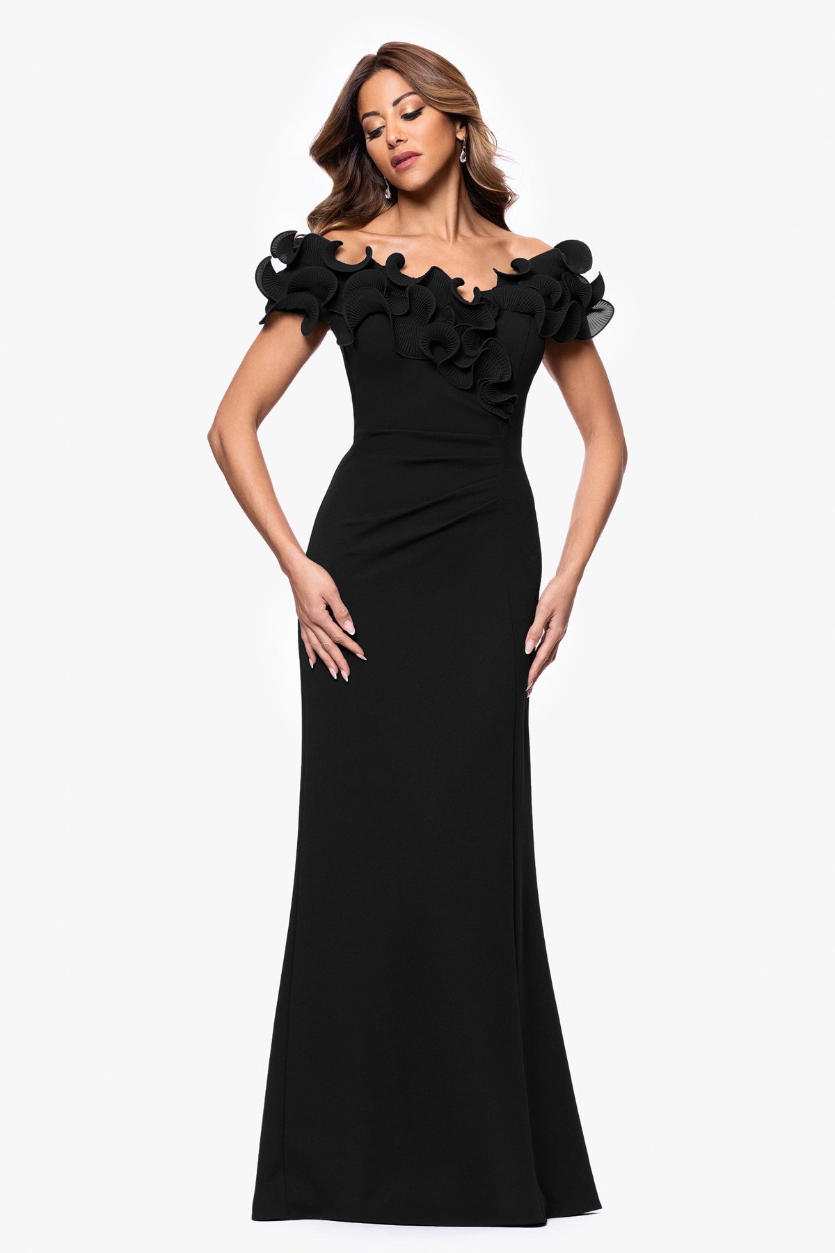 XSCAPE Petite "Anya" Scuba Crepe & Chiffon Ruffle Off the Shoulder Dress
