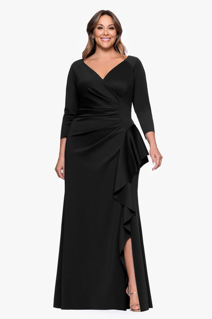 XSCAPE Plus "Amber" Techno Scuba 3/4 Sleeve V-Neck Ruffle Dress