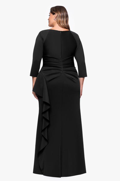 XSCAPE Plus "Amber" Techno Scuba 3/4 Sleeve V-Neck Ruffle Dress