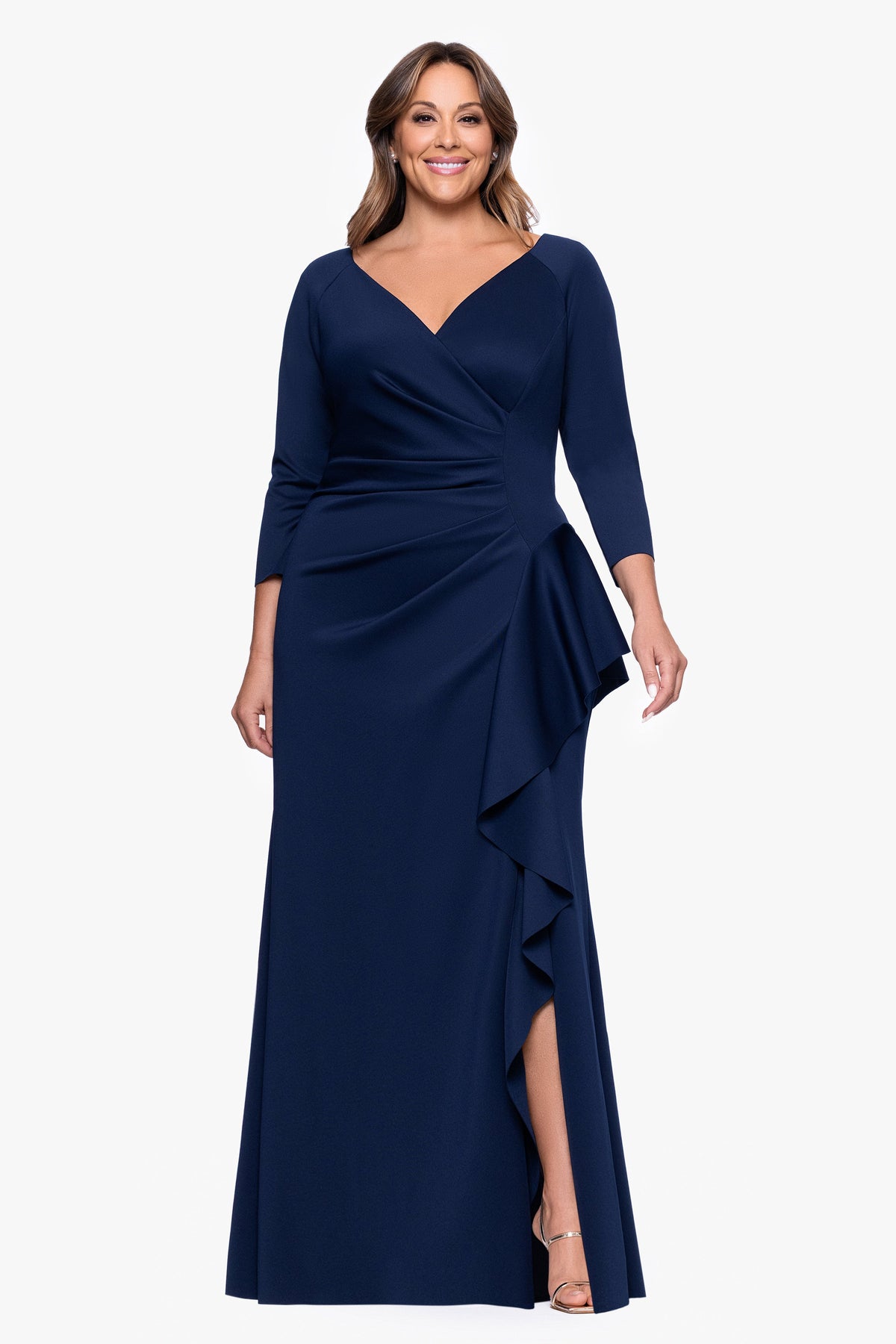 XSCAPE Plus "Amber" Techno Scuba 3/4 Sleeve V-Neck Ruffle Dress