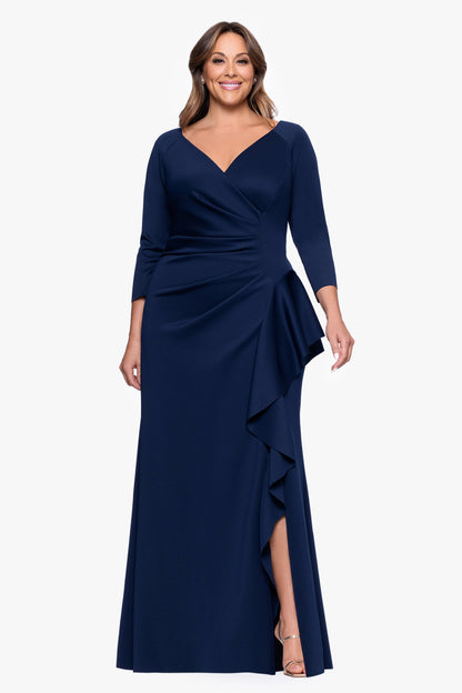 XSCAPE Plus "Amber" Techno Scuba 3/4 Sleeve V-Neck Ruffle Dress