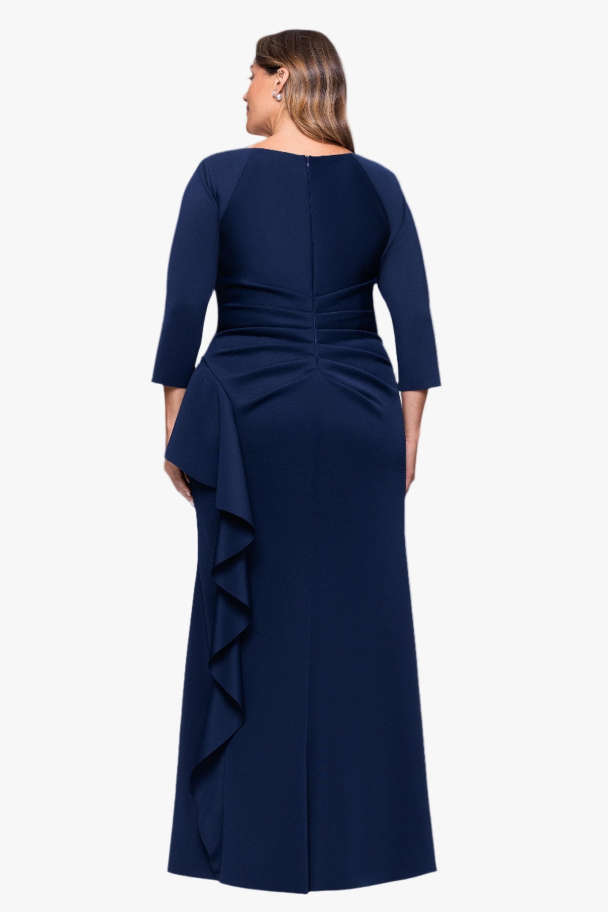 XSCAPE Plus "Amber" Techno Scuba 3/4 Sleeve V-Neck Ruffle Dress