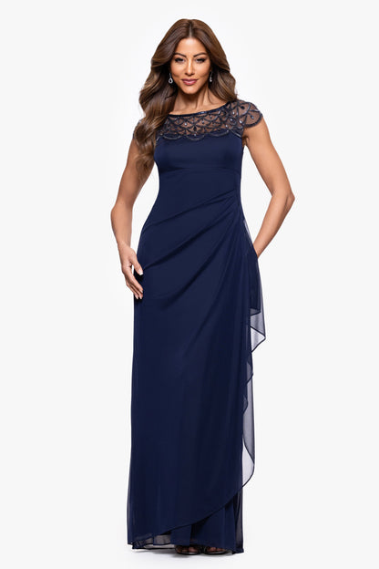 XSCAPE Petite "Khloe" Sheer Matte Jersey Embellished Dress