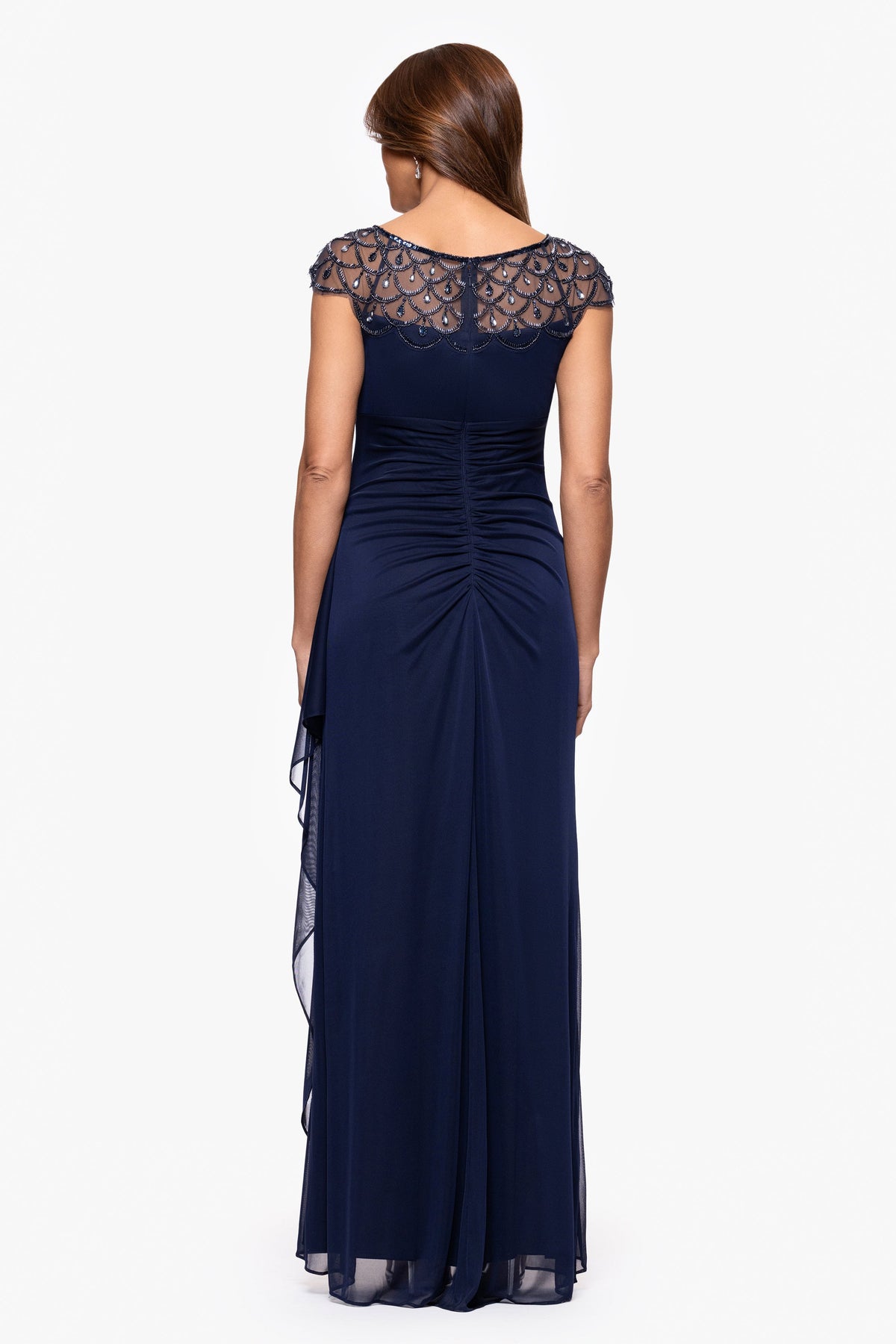 XSCAPE Petite "Khloe" Sheer Matte Jersey Embellished Dress