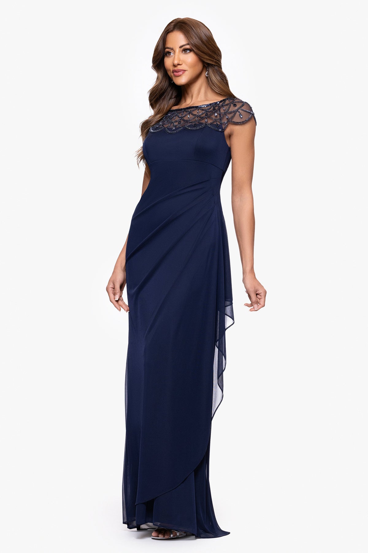 XSCAPE Petite "Khloe" Sheer Matte Jersey Embellished Dress
