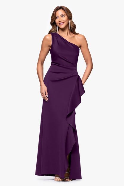 XSCAPE Petite "Flo" Techno Scuba One Shoulder Ruffle Dress