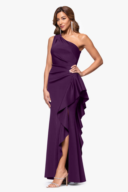 XSCAPE Petite "Flo" Techno Scuba One Shoulder Ruffle Dress
