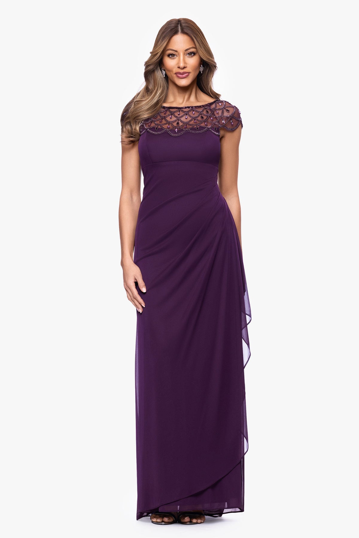 XSCAPE "Khloe" Sheer Matte Jersey Embellished Ruffle Dress