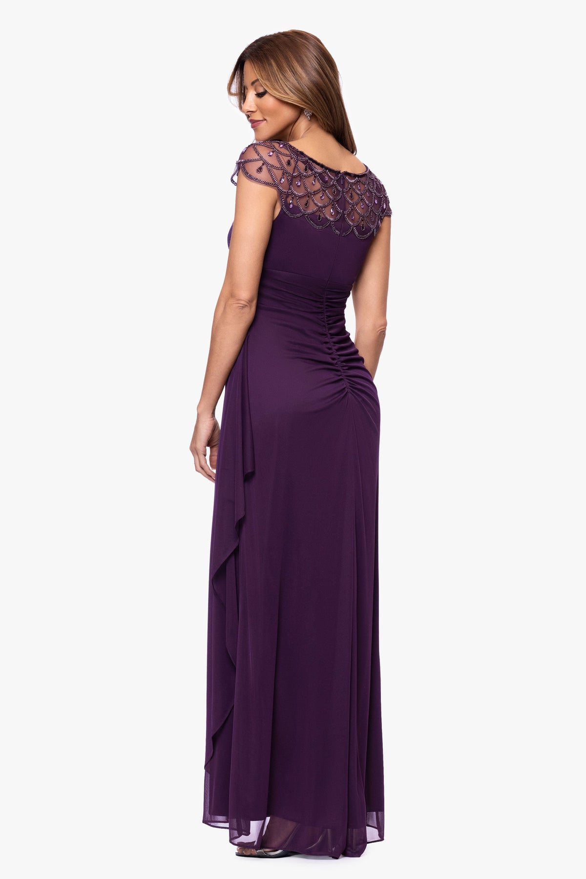 XSCAPE "Khloe" Sheer Matte Jersey Embellished Ruffle Dress