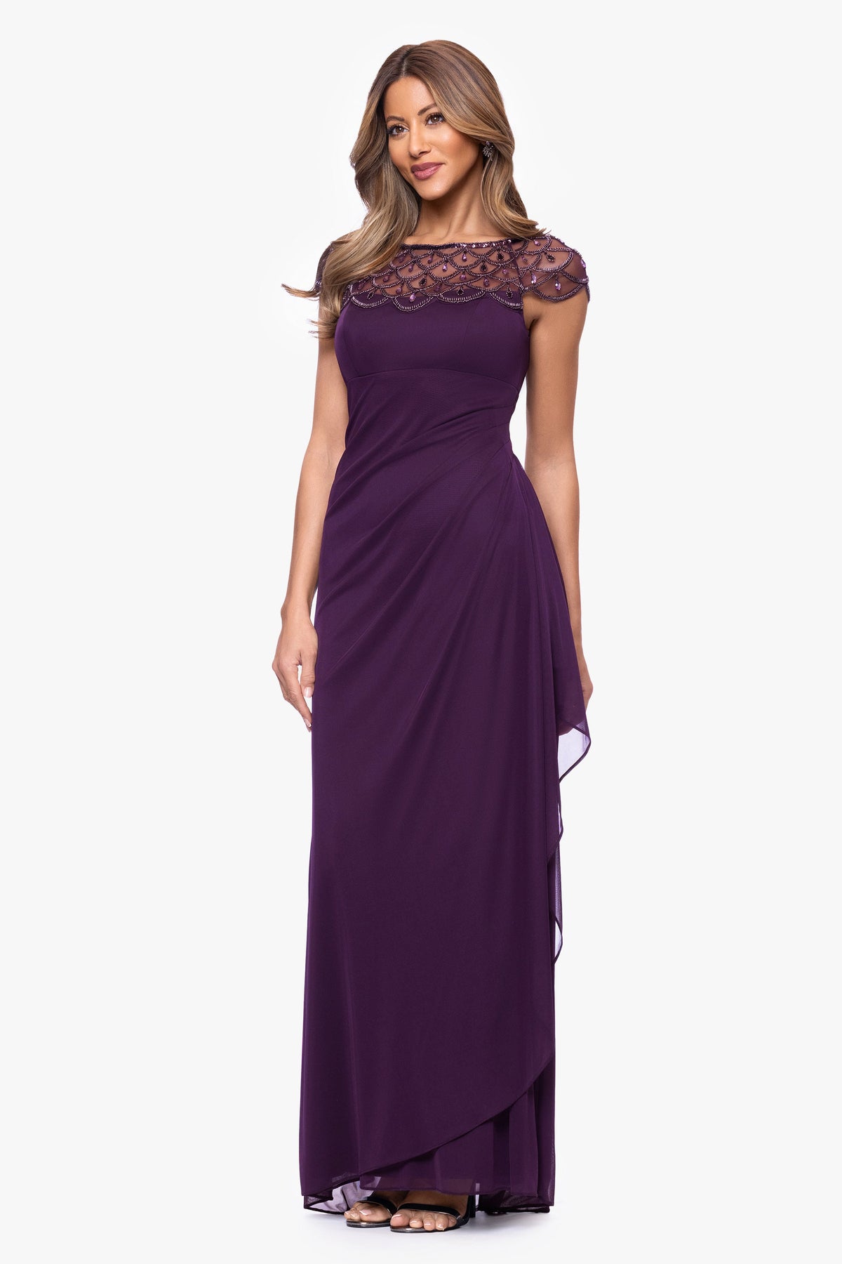 XSCAPE "Khloe" Sheer Matte Jersey Embellished Ruffle Dress