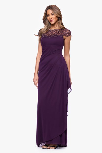 XSCAPE "Khloe" Sheer Matte Jersey Embellished Ruffle Dress