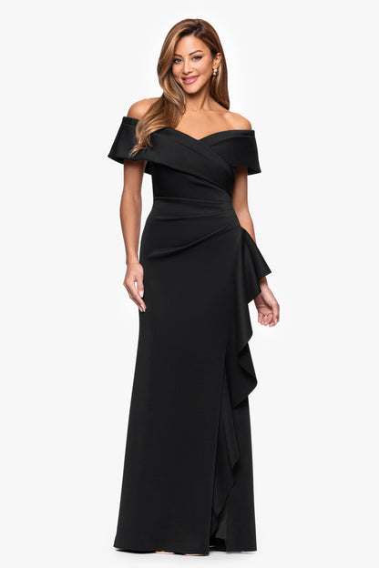 XSCAPE "Pearl" Techno Scuba Off the Shoulder Ruffle Dress