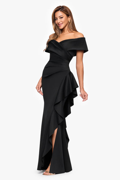 XSCAPE "Pearl" Techno Scuba Off the Shoulder Ruffle Dress