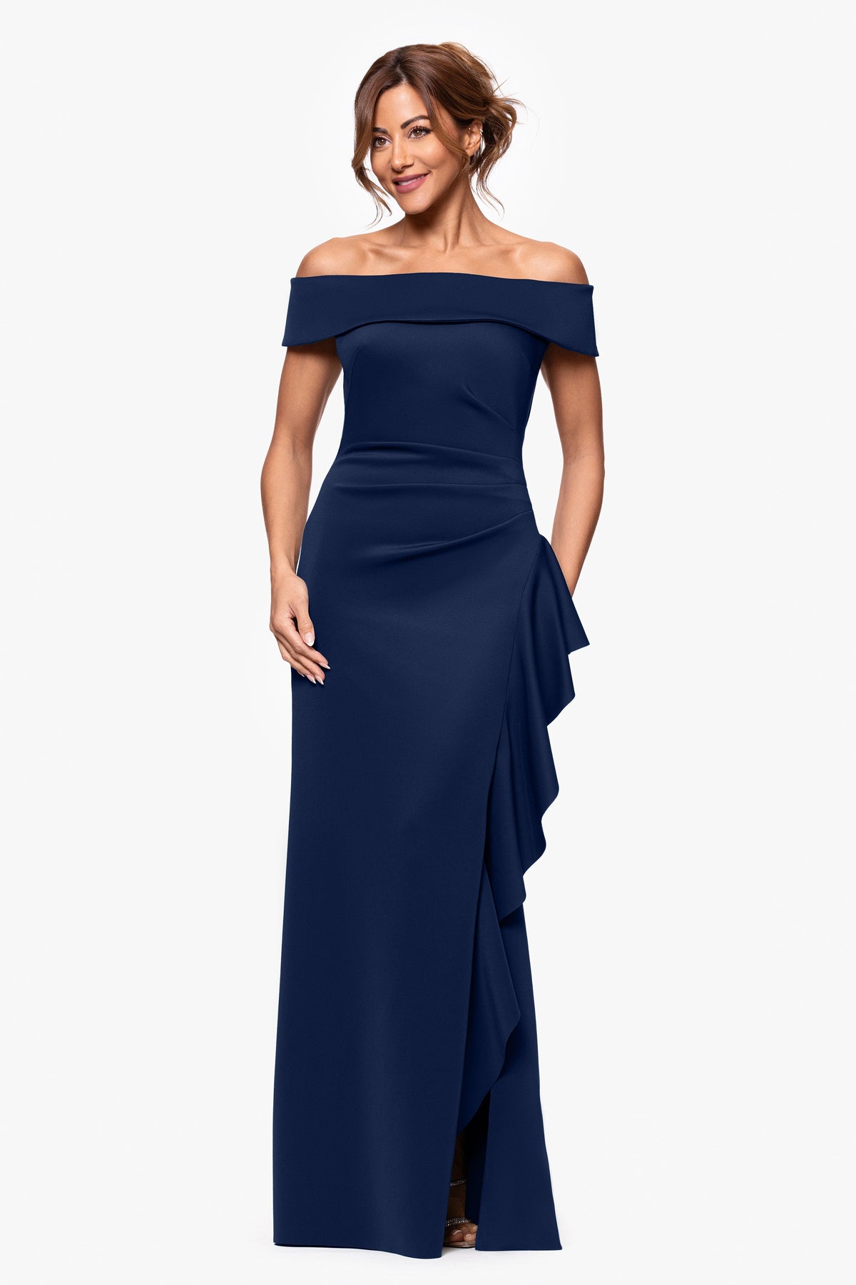XSCAPE Petite "Dolly" Techno Scuba Off the Shoulder Ruffle Dress