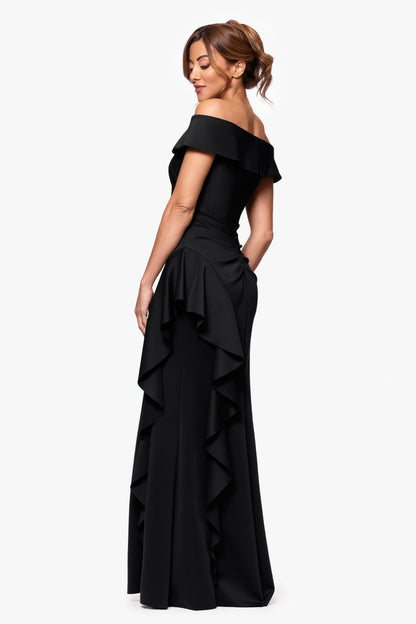 XSCAPE "Dolly" Techno Scuba Off the Shoulder Ruffle Dress