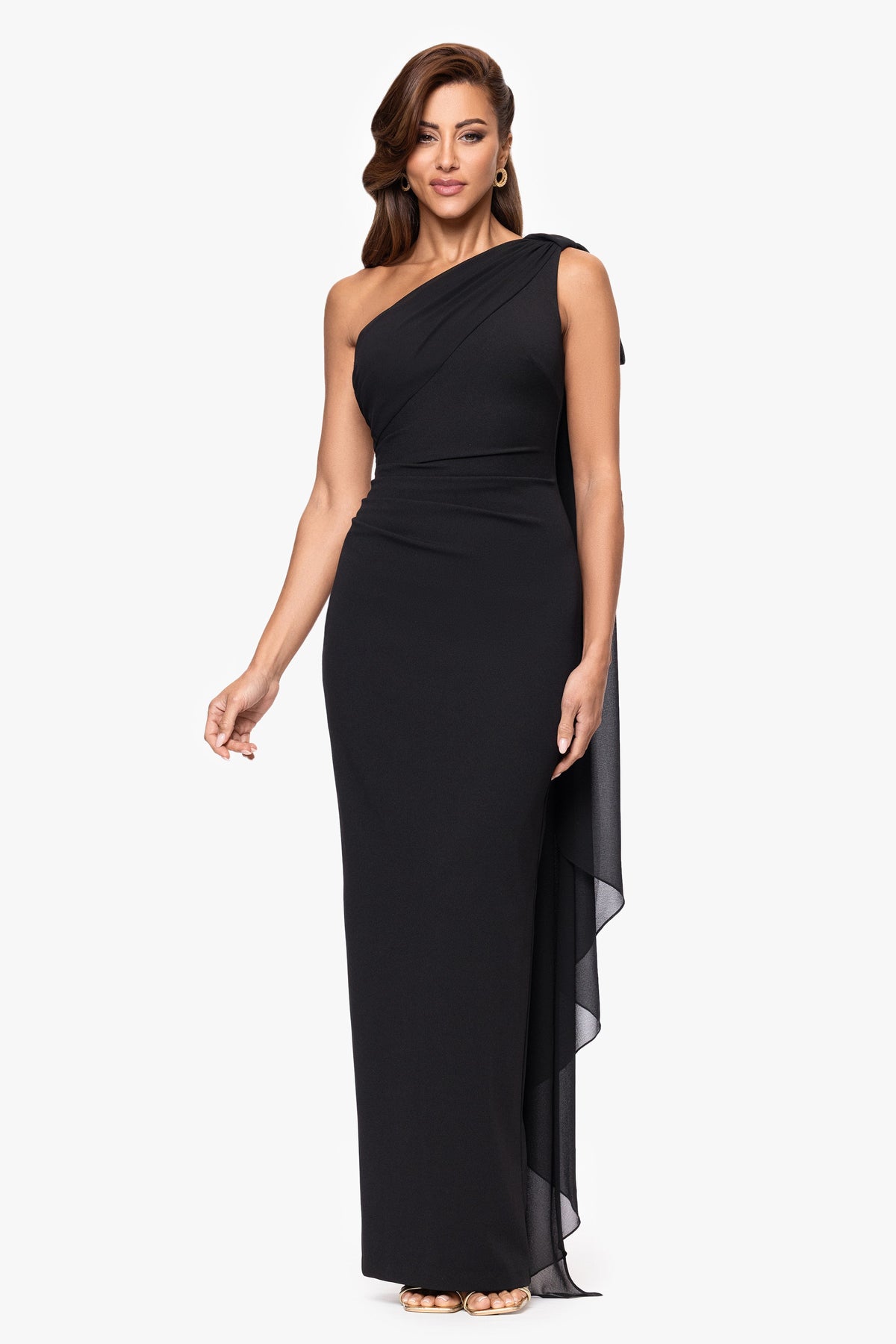 XSCAPE "Grace" Scuba Crepe and Chiffon One Shoulder Shash Dress