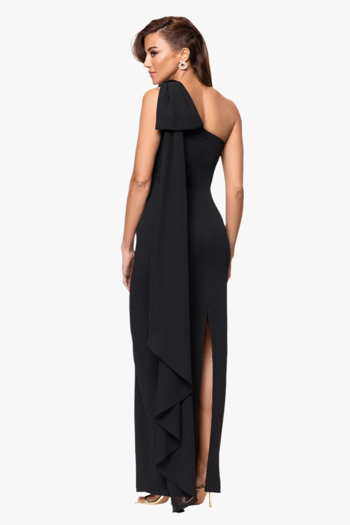 XSCAPE "Grace" Scuba Crepe and Chiffon One Shoulder Shash Dress