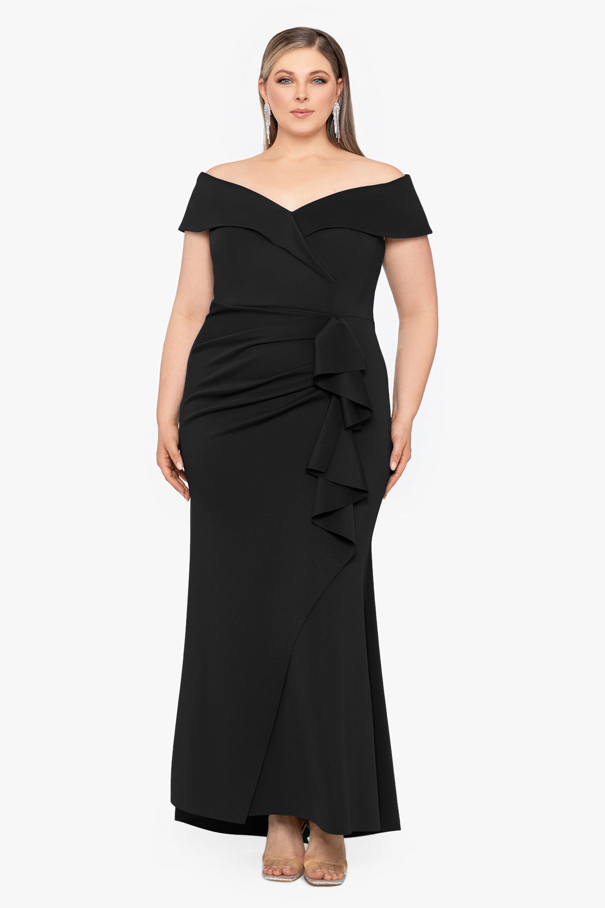 XSCAPE Plus "Patti" Techno Scuba Off The Shoulder Dress