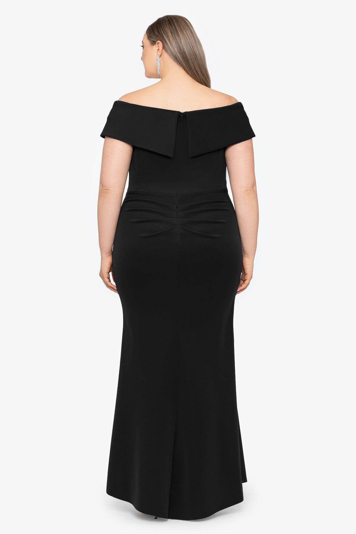 XSCAPE Plus "Patti" Techno Scuba Off The Shoulder Dress