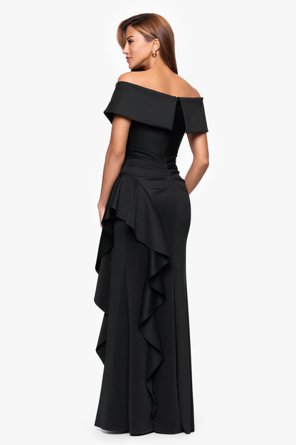 XSCAPE Petite "Pearl" Techno Scuba Off the Shoulder Ruffle Dress