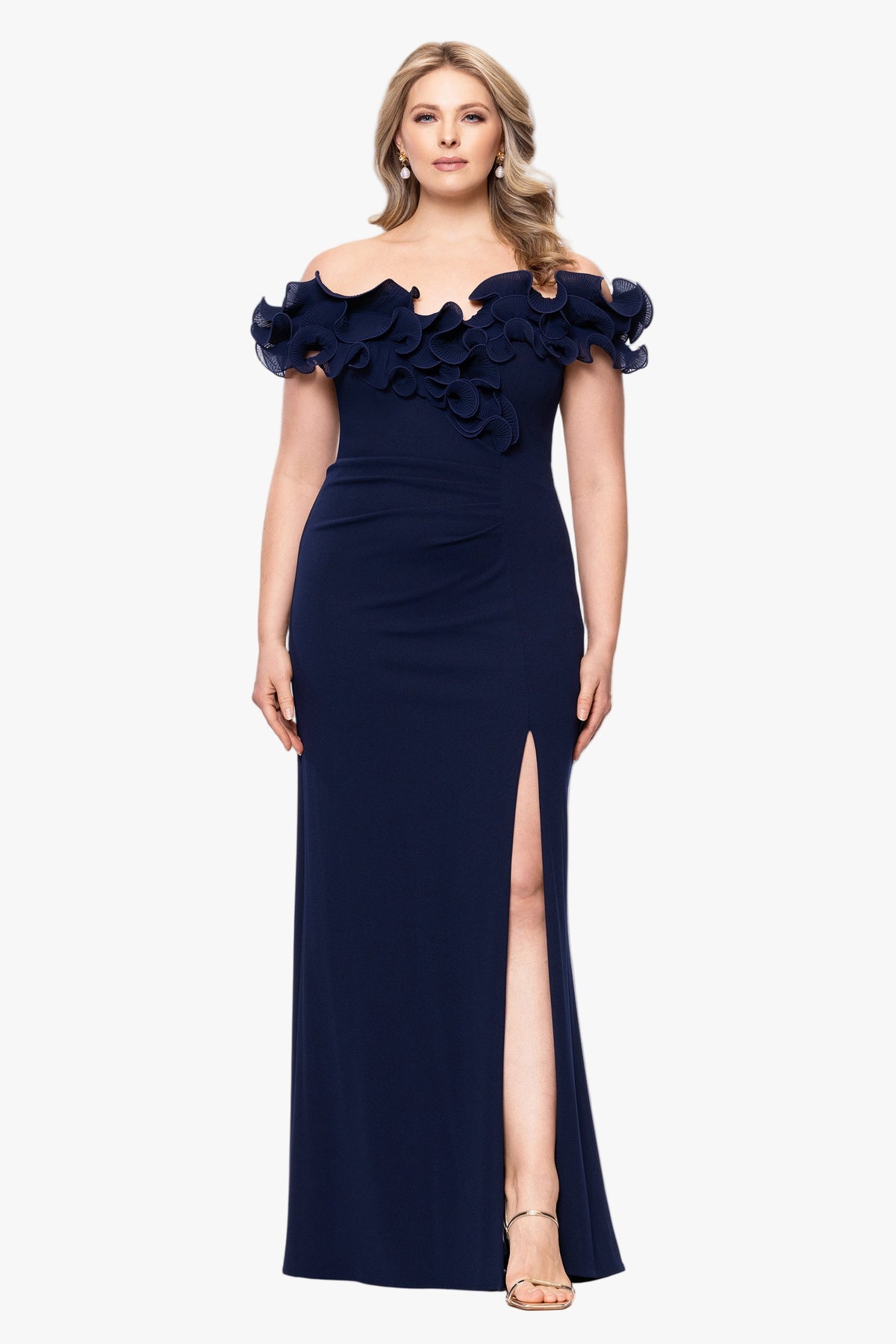 XSCAPE Plus "Anya" Scuba Crepe & Chiffon Ruffle Off the Shoulder Dress