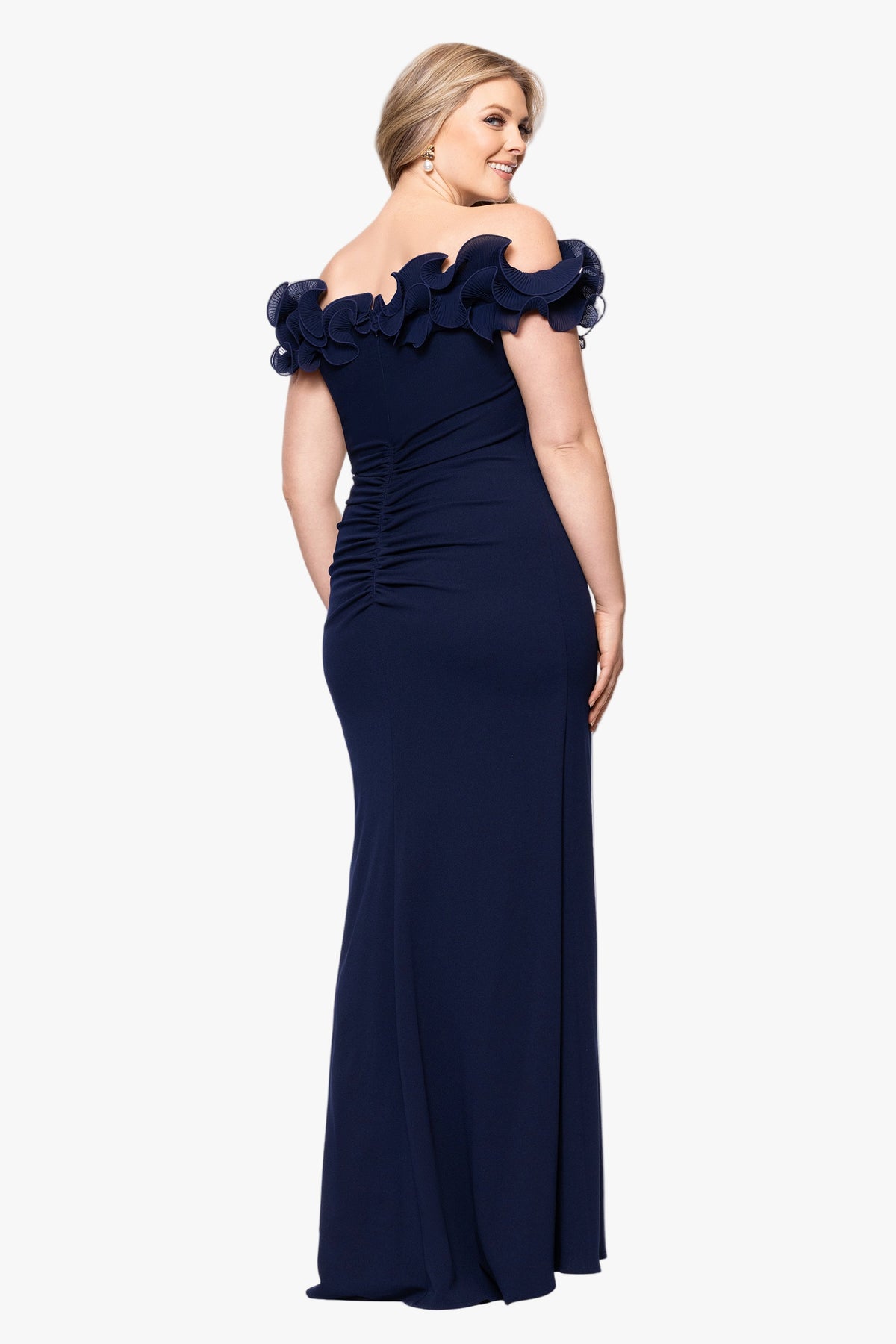 XSCAPE Plus "Anya" Scuba Crepe & Chiffon Ruffle Off the Shoulder Dress