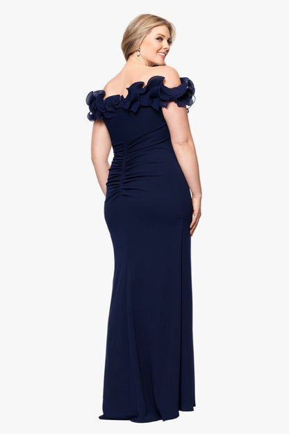 XSCAPE Plus "Anya" Scuba Crepe & Chiffon Ruffle Off the Shoulder Dress
