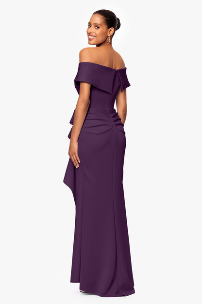 XSCAPE "Patti" Techno Scuba Off The Shoulder Dress