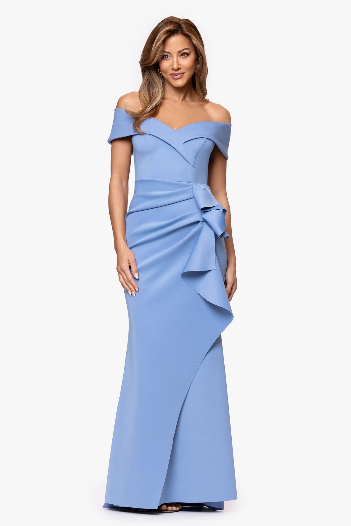 XSCAPE Petite "Patti" Techno Scuba Off The Shoulder Dress