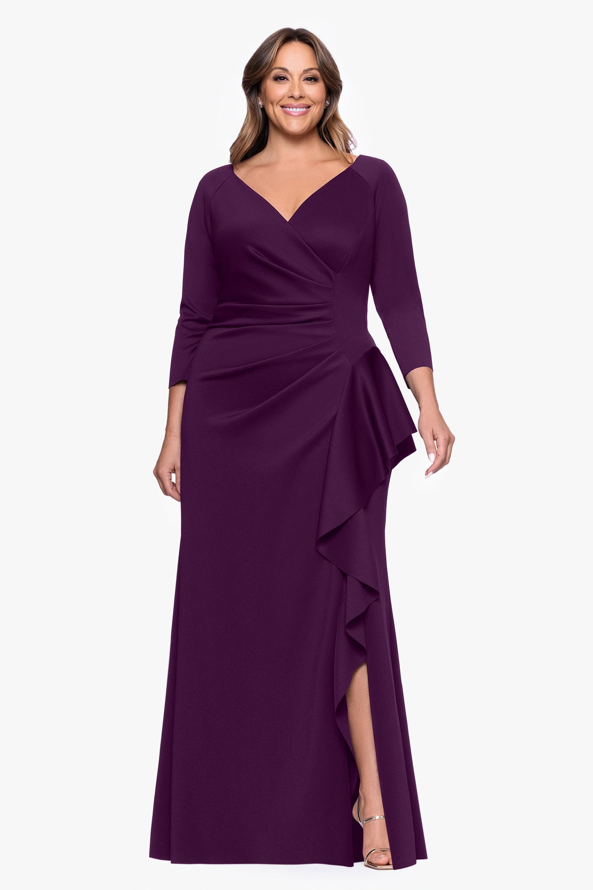 XSCAPE Plus "Amber" Techno Scuba 3/4 Sleeve V-Neck Ruffle Dress