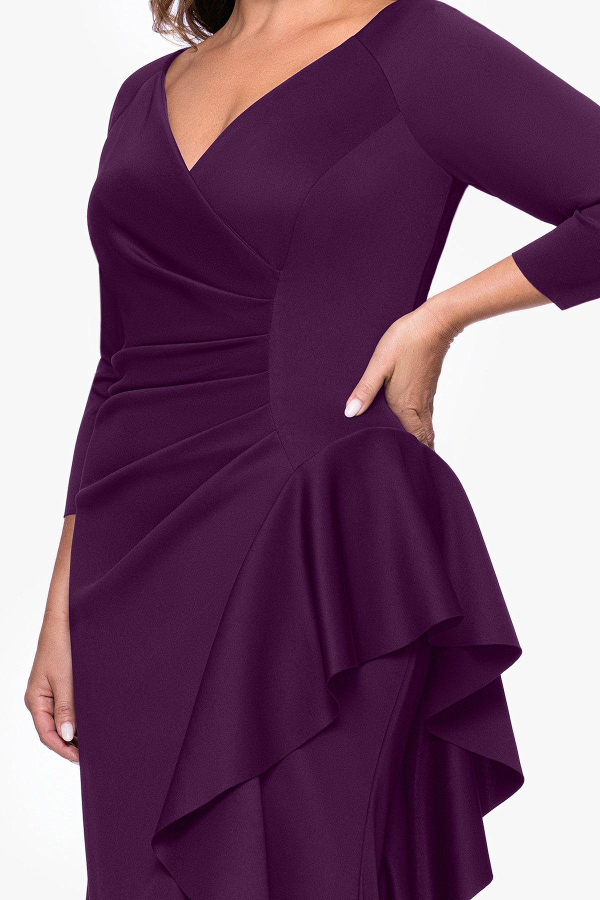 XSCAPE Plus "Amber" Techno Scuba 3/4 Sleeve V-Neck Ruffle Dress