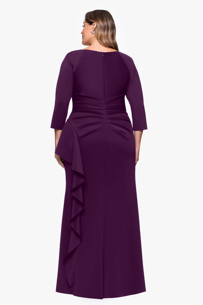 XSCAPE Plus "Amber" Techno Scuba 3/4 Sleeve V-Neck Ruffle Dress
