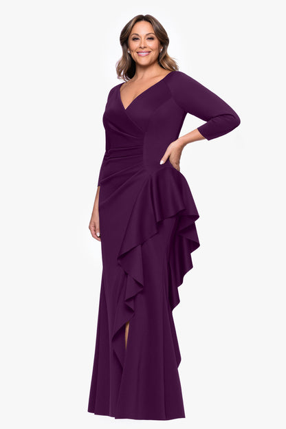 XSCAPE Plus "Amber" Techno Scuba 3/4 Sleeve V-Neck Ruffle Dress
