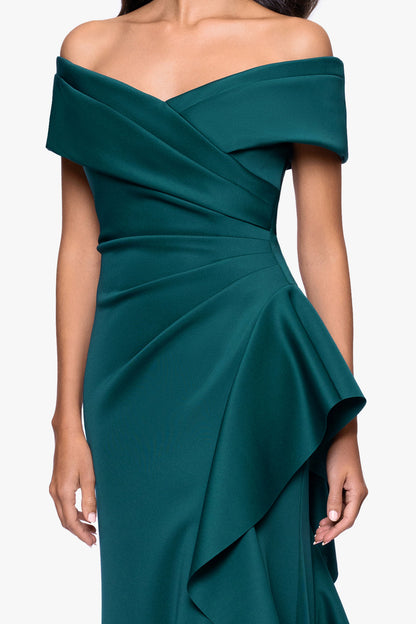 XSCAPE Petite "Pearl" Techno Scuba Off the Shoulder Ruffle Dress