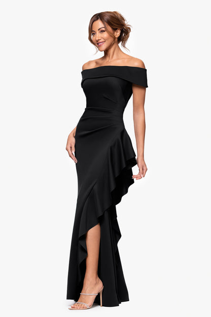 XSCAPE Petite "Dolly" Techno Scuba Off the Shoulder Ruffle Dress