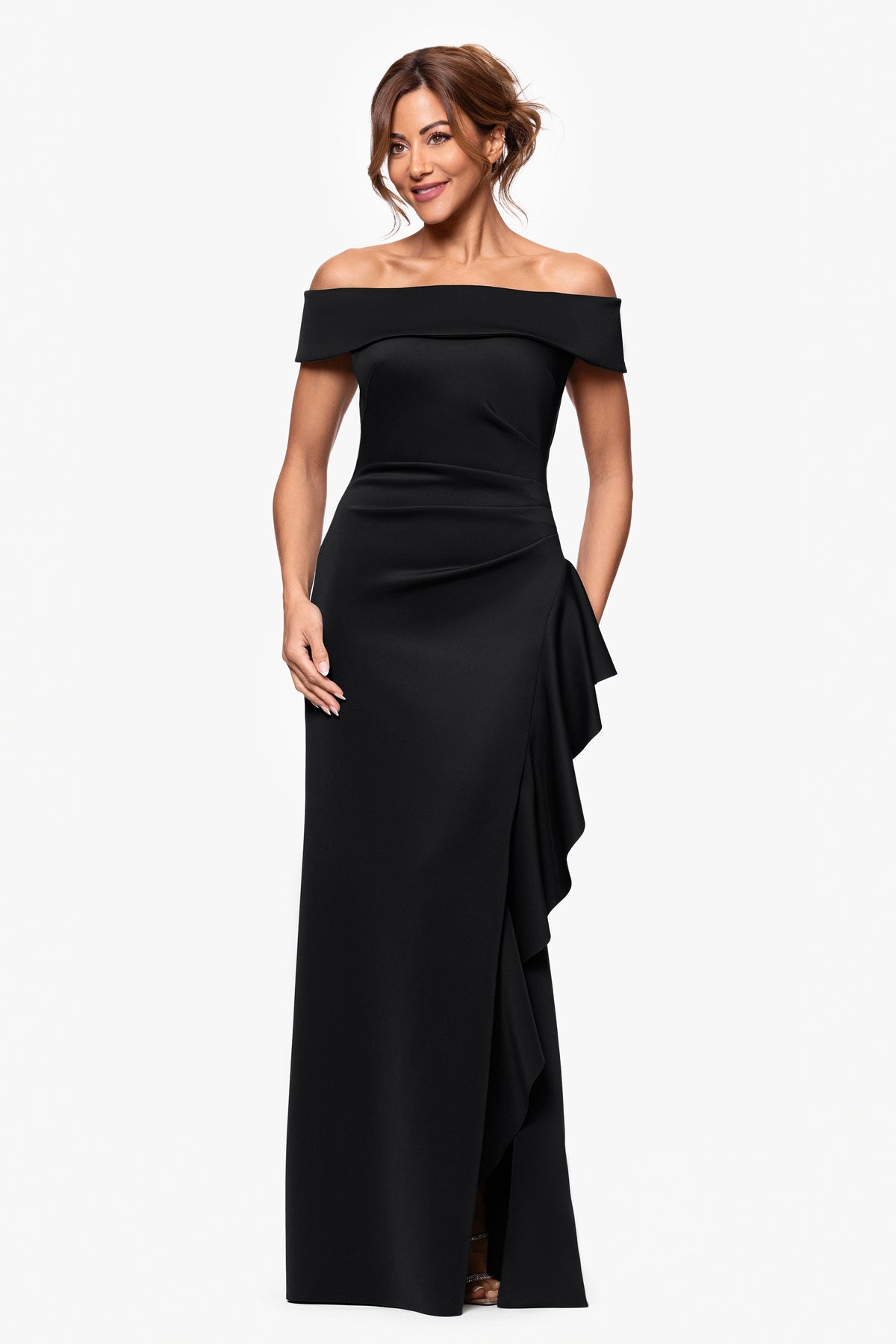 XSCAPE Petite "Dolly" Techno Scuba Off the Shoulder Ruffle Dress