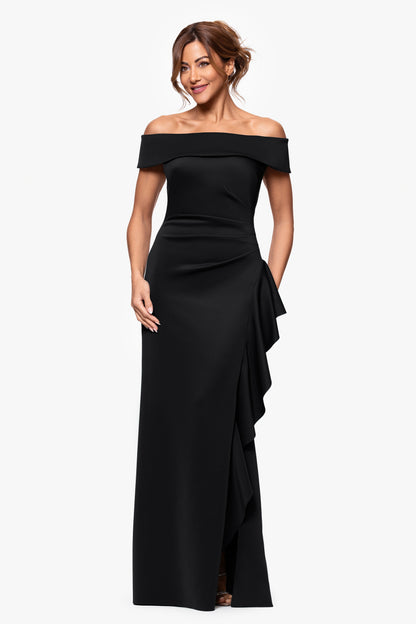 XSCAPE Petite "Dolly" Techno Scuba Off the Shoulder Ruffle Dress