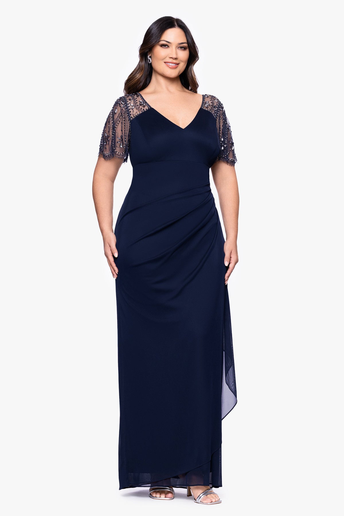 XSCAPE Plus "Lana" Sheer Matte Jersey Beaded Flutter Sleeve Dress