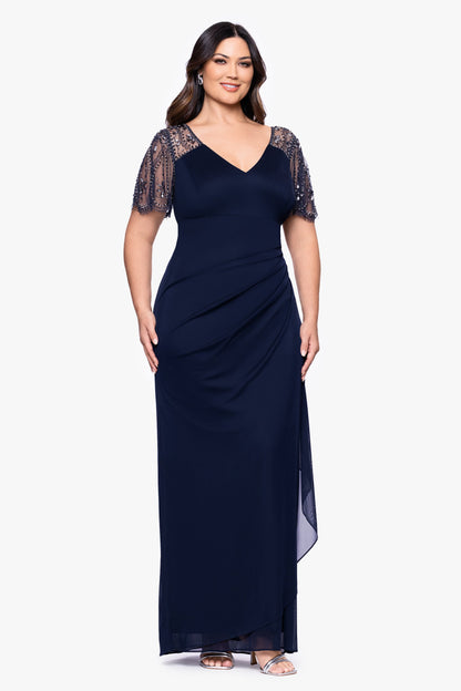 XSCAPE Plus "Lana" Sheer Matte Jersey Beaded Flutter Sleeve Dress