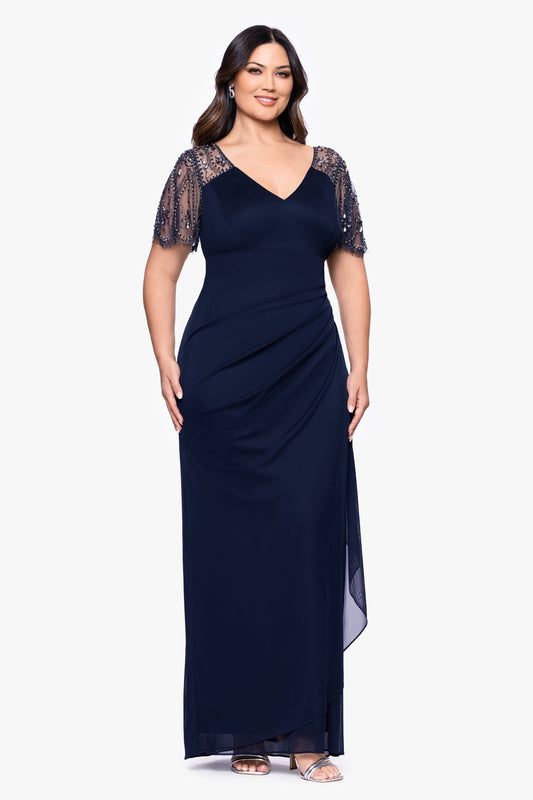 XSCAPE Plus "Lana" Sheer Matte Jersey Beaded Flutter Sleeve Dress