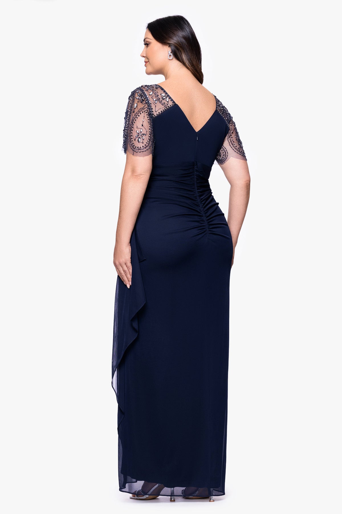 XSCAPE Plus "Lana" Sheer Matte Jersey Beaded Flutter Sleeve Dress