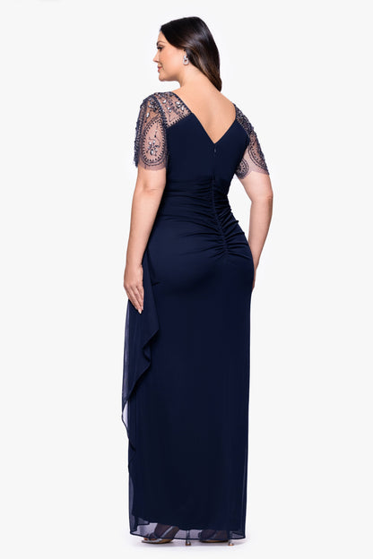 XSCAPE Plus "Lana" Sheer Matte Jersey Beaded Flutter Sleeve Dress