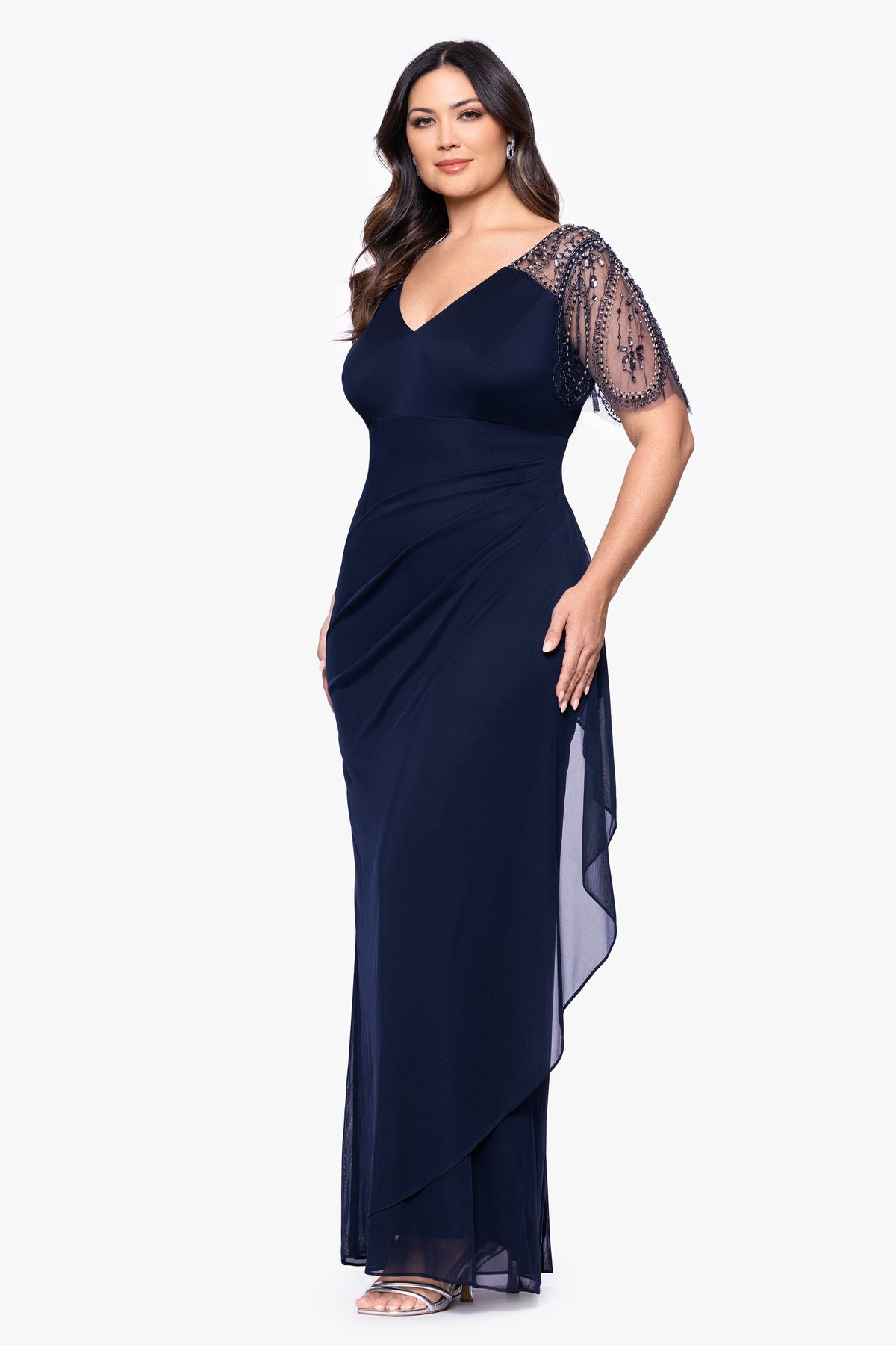 XSCAPE Plus "Lana" Sheer Matte Jersey Beaded Flutter Sleeve Dress