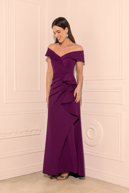 XSCAPE "Patti" Techno Scuba Off The Shoulder Dress